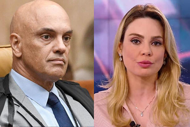 Alexandre de Moraes de paleto e gravata preta, sentada no planalto; Imagem 2: Rachel Sheherazade de blazer rosa, com semblante sério durante apresentação de jornal do SBT