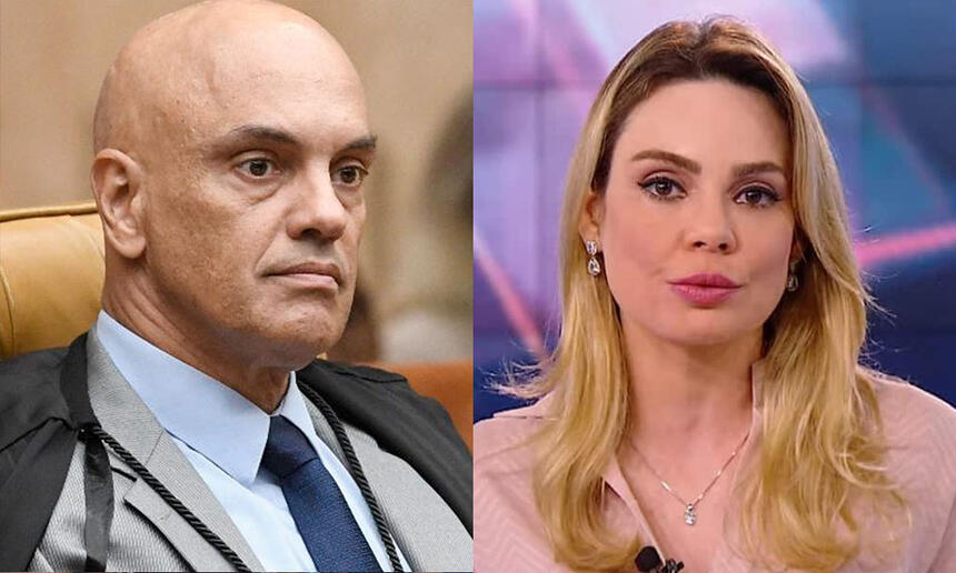 Alexandre de Moraes de paleto e gravata preta, sentada no planalto; Imagem 2: Rachel Sheherazade de blazer rosa, com semblante sério durante apresentação de jornal do SBT