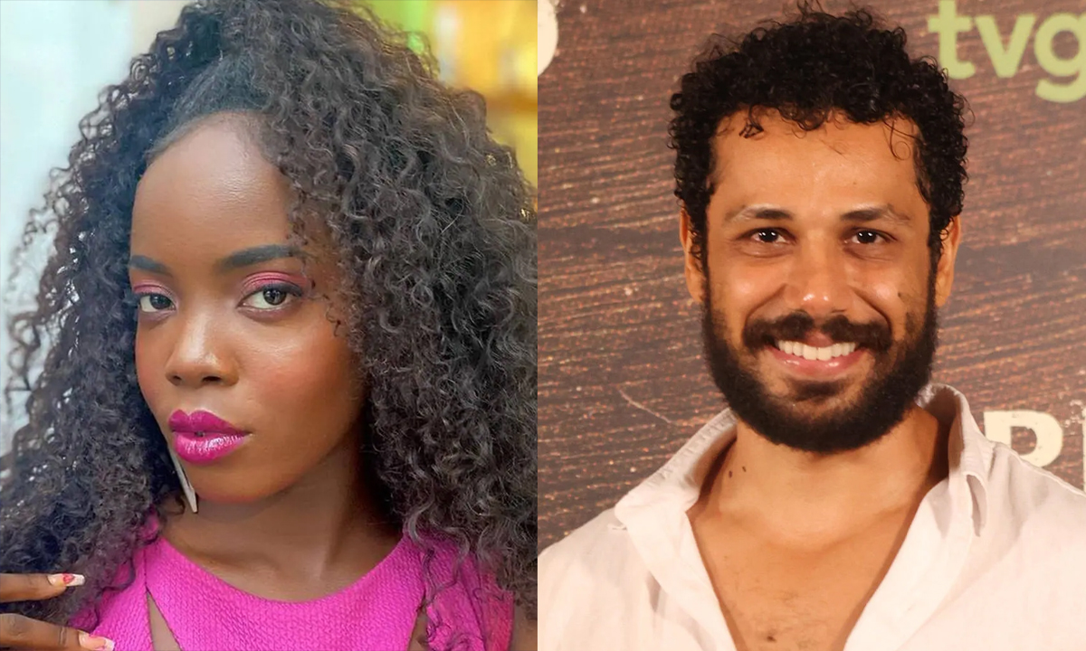 Amaury Lorenzo sorrindo, de camisa manga longa, com cabelo penteado; Clara Monek de camisa rosa, cabelo encaracolado e mão no rosto