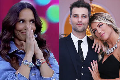 Ivete Sangalo com as mãos juntas, de jaqueta jeans, cabelo ondulado, durante apresentação do Pipoca da Ivete; Bruno Gagliasso de palitó, gravata e calça preta, ao lado de Giovanna Ewbank durante prévia de filme nos EUA