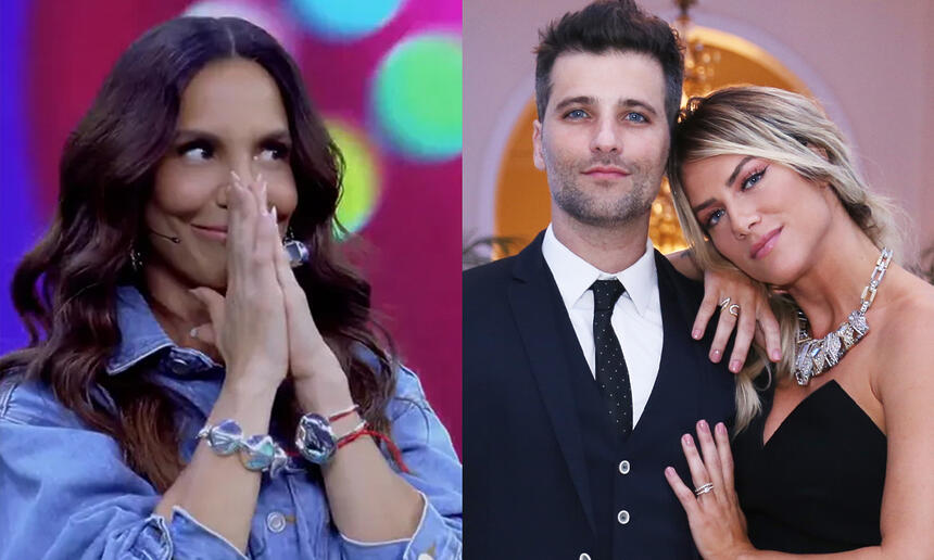 Ivete Sangalo com as mãos juntas, de jaqueta jeans, cabelo ondulado, durante apresentação do Pipoca da Ivete; Bruno Gagliasso de palitó, gravata e calça preta, ao lado de Giovanna Ewbank durante prévia de filme nos EUA