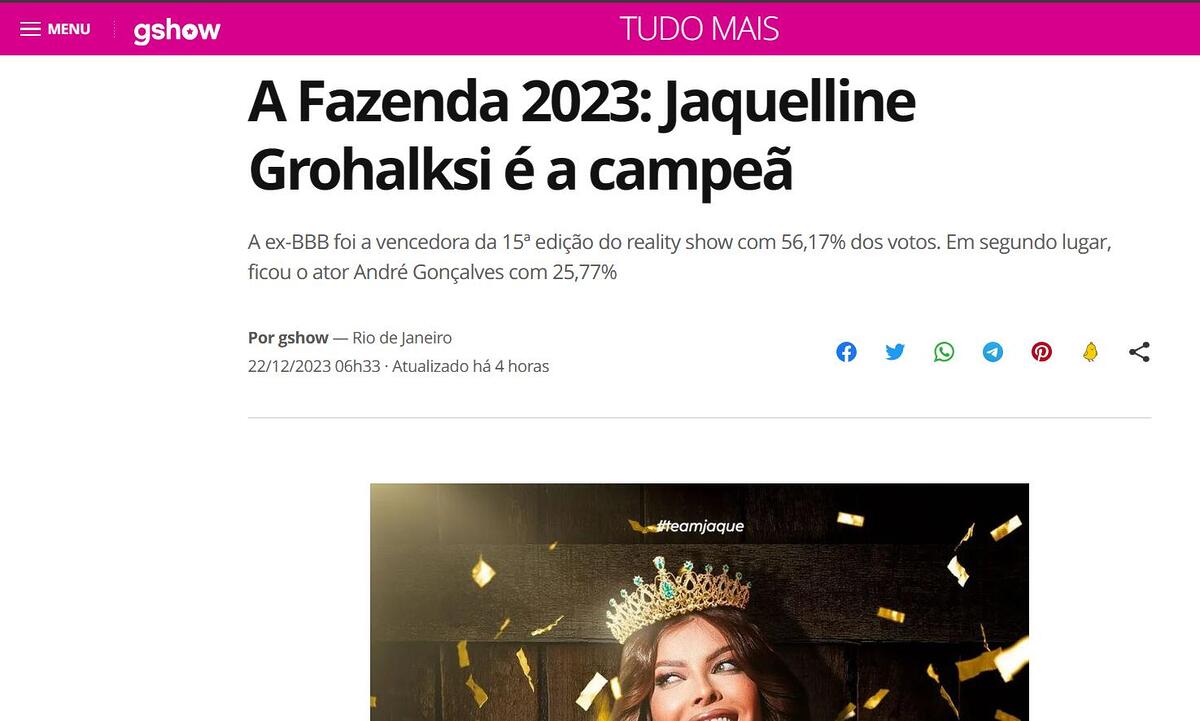 Matéria do Gshow sobre a vitória de Jaquelline