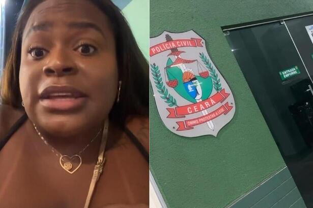 Jojo denunciando racismo em montagem com a fachada de uma delegacia