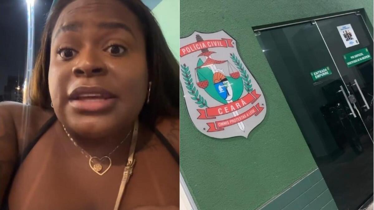 Jojo denunciando racismo em montagem com a fachada de uma delegacia