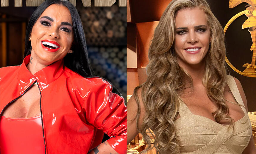 Kamilla Simioni de camisa vermelha, batom vermelho, sorrindo durante ensaio fotográfico para A Fazenda 15, da Record TV; Imagem 2: Danise Rocha sorrindo, de cabelo loiro, cacheado, de camisa bege sorrindo durante ensaio fotográfico para A Fazenda