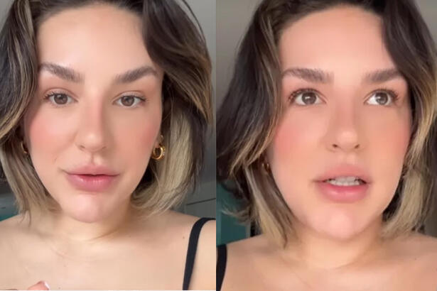 Kéfera de cabelo liso, solto, curto, de camisa regata preta, gravando vídeo para as redes sociais