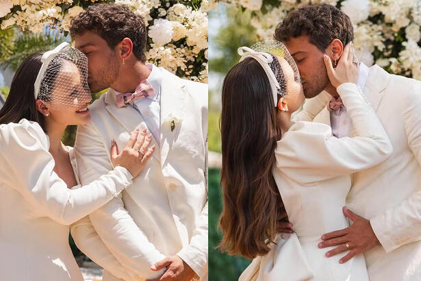 Larissa Manoela e André Luiz Frambach de branco, se beijando durante casametno