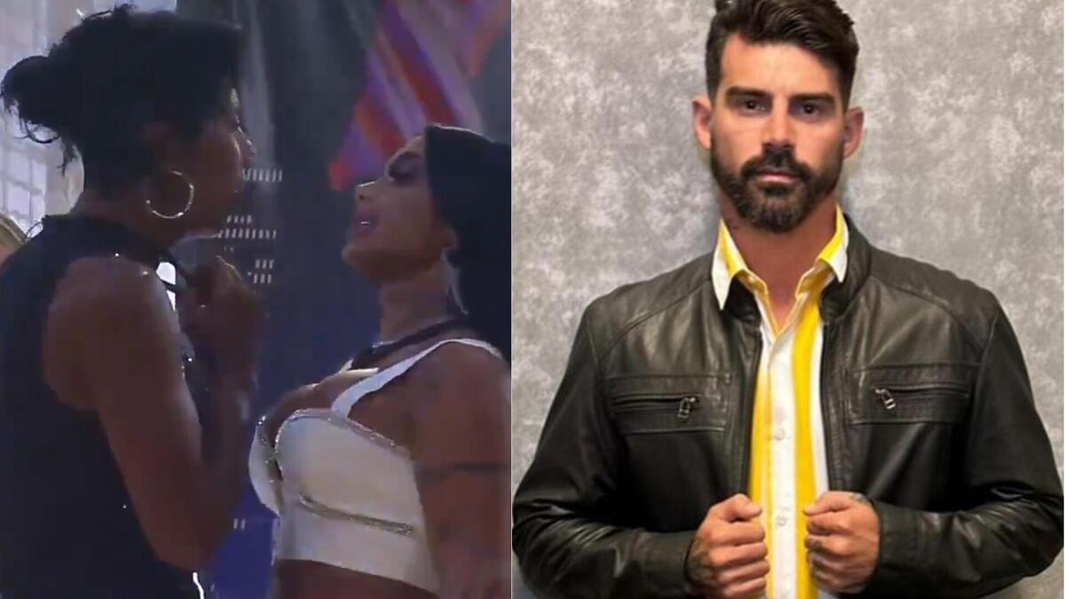 Marcia Fu e Simioni conversando na festa, em montagem com uma foto de Radamés