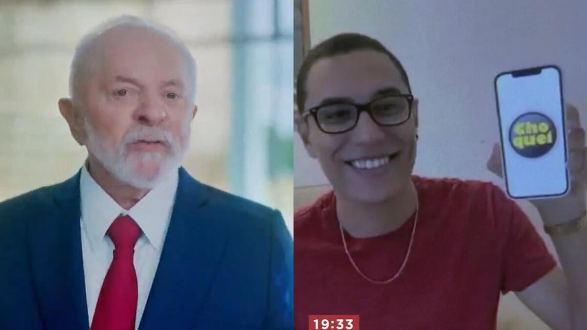 Montagem com Lula e Raphael Souza, dono da Choquei, segurando o celular