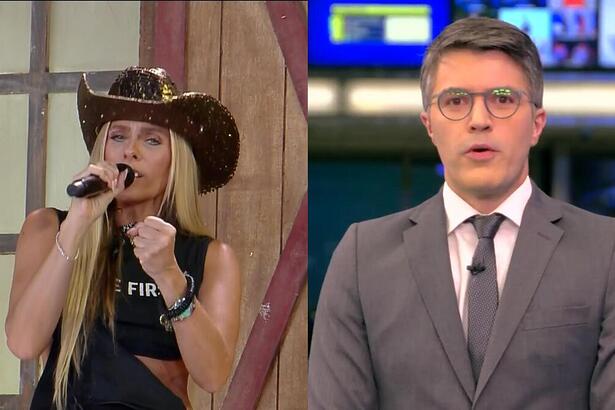 Adriane Galisteu no cenário da Prova do Fazendeiro de A Fazenda divide tela com o apresentador Bruno Tavares apresentando o Jornal da Globo