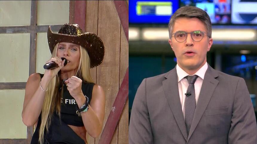 Adriane Galisteu no cenário da Prova do Fazendeiro de A Fazenda divide tela com o apresentador Bruno Tavares apresentando o Jornal da Globo