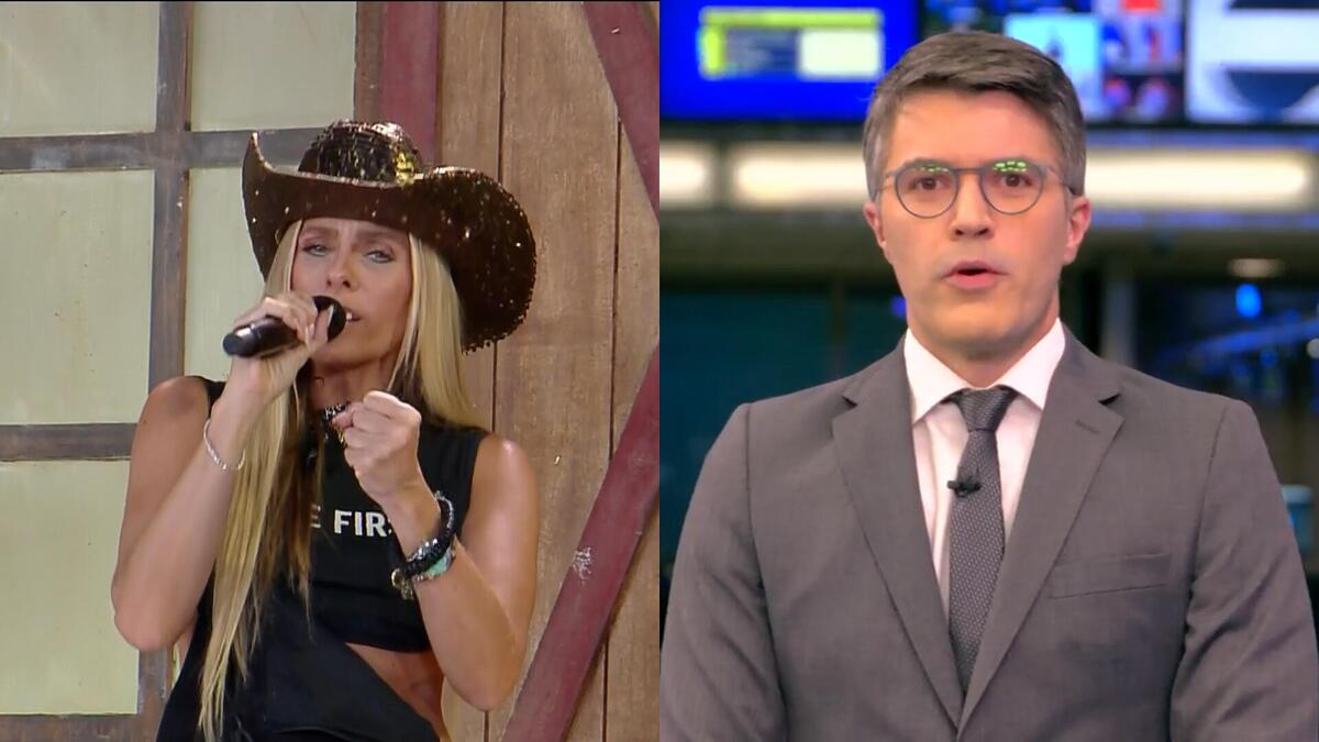 Adriane Galisteu no cenário da Prova do Fazendeiro de A Fazenda divide tela com o apresentador Bruno Tavares apresentando o Jornal da Globo