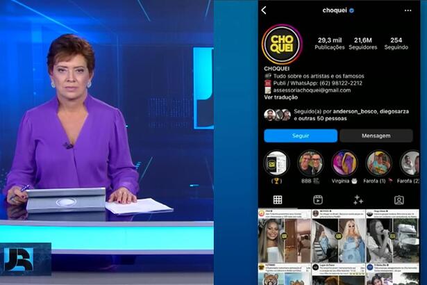 Montagem com a apresentador Christina Lemos ao lado do perfil da Choquei
