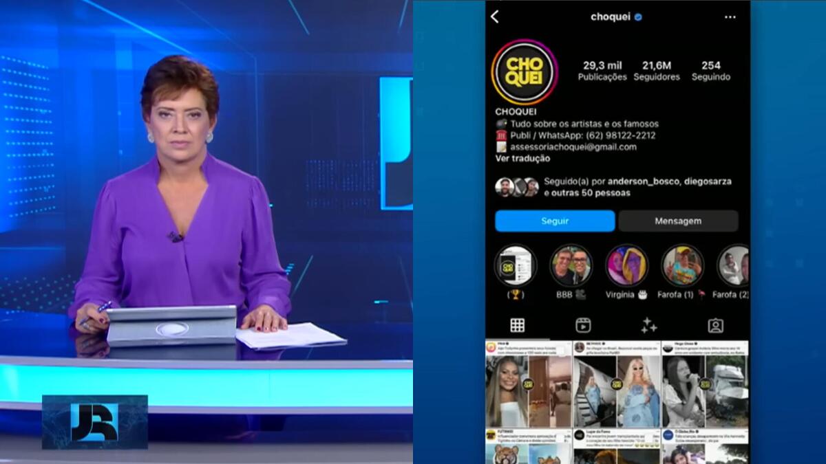 Montagem com a apresentador Christina Lemos ao lado do perfil da Choquei