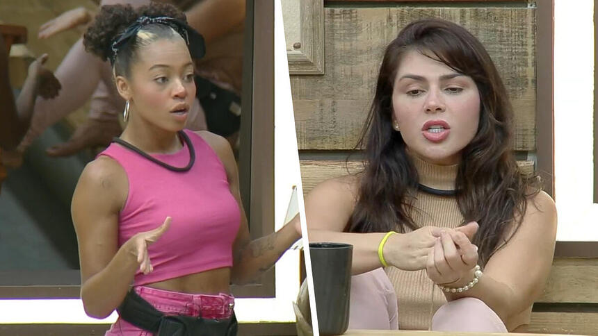 Lily Nobre discute com Nadja Pessoa balançando os braços em A Fazenda 15