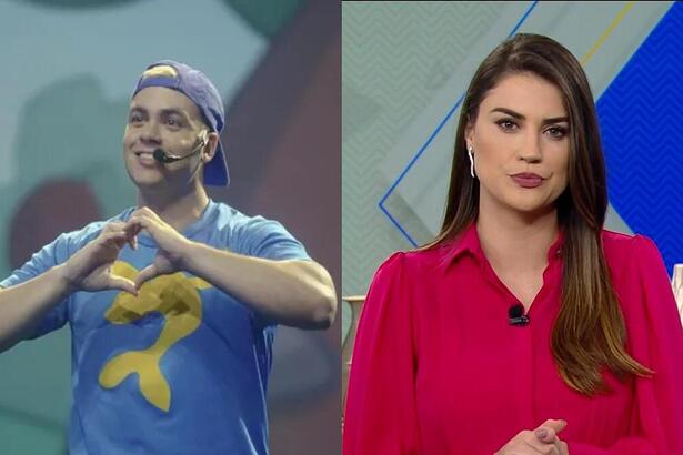 Lucas Netto fazendo coração no especial do SBT e Gabriela França estreando no Hoje em Dia