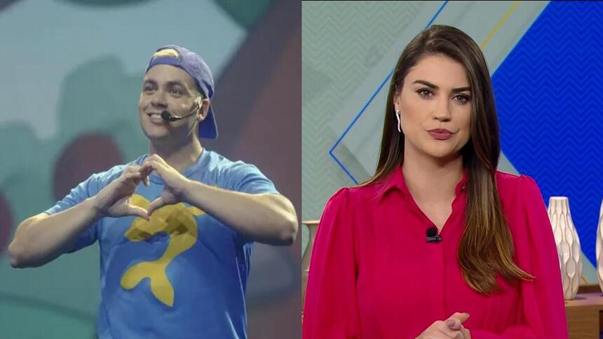 Lucas Netto fazendo coração no especial do SBT e Gabriela França estreando no Hoje em Dia