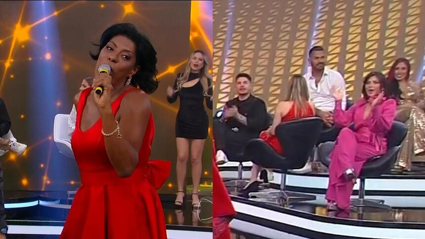 Marcia Fu canta Escrito Nas Estrelas enquanto Rachel Sheherazade vira as costas para a peoa no Hora do Faro