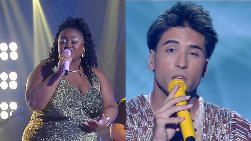 Thais Ribeiro e Matu Miranda cantando na final do The Voice Brasil 12