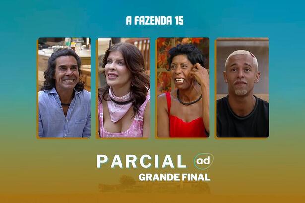 André Gonçalves, Jaquelline, Marcia Fu e WL Guimarães na arte da parcial da final em A Fazenda 15