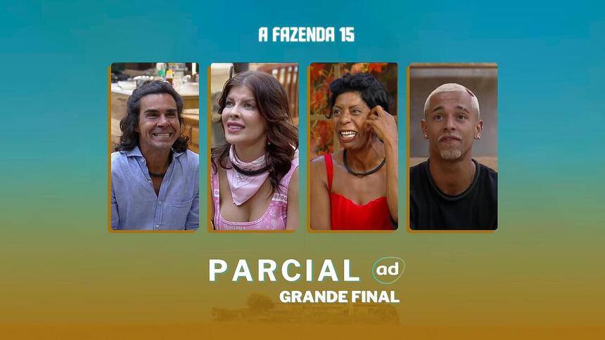 André Gonçalves, Jaquelline, Marcia Fu e WL Guimarães na arte da parcial da final em A Fazenda 15