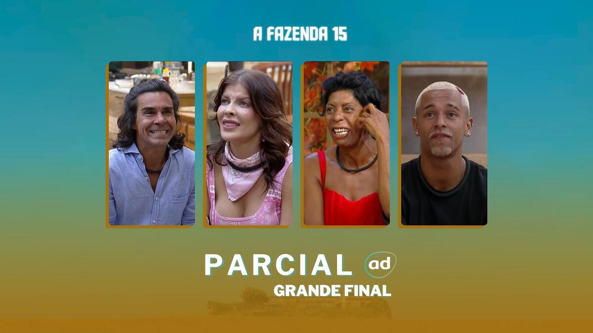 André Gonçalves, Jaquelline, Marcia Fu e WL Guimarães na arte da parcial da final em A Fazenda 15