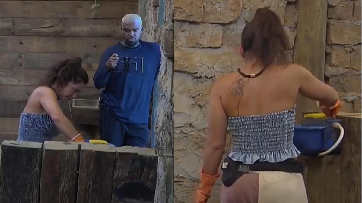 Nadja chorando durante o trato do cavalo em a fazenda