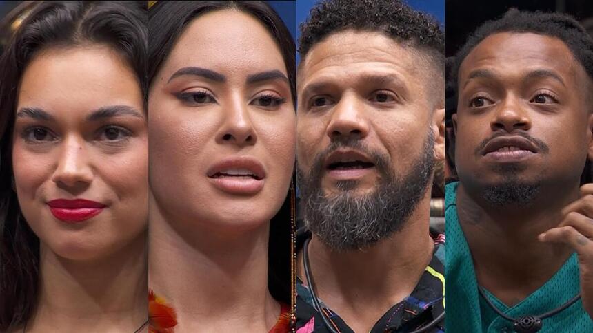 Alane, Isabelle, Juninho e Lucas Luigi olham para a câmera e pedem votos no 6º Paredão do BBB 24