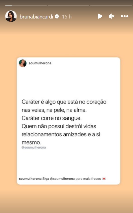 Print dos stories de Bruna Biancardi sobre caráter nos stories do Instagram