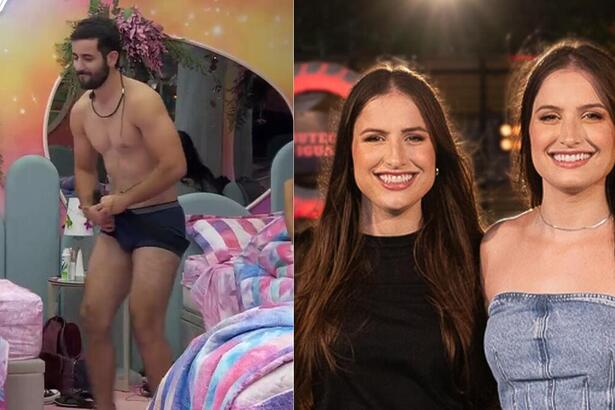 Matteus, dançando de cueca no BBB 24, e a dupla Julia e Rafaela em uma montagem