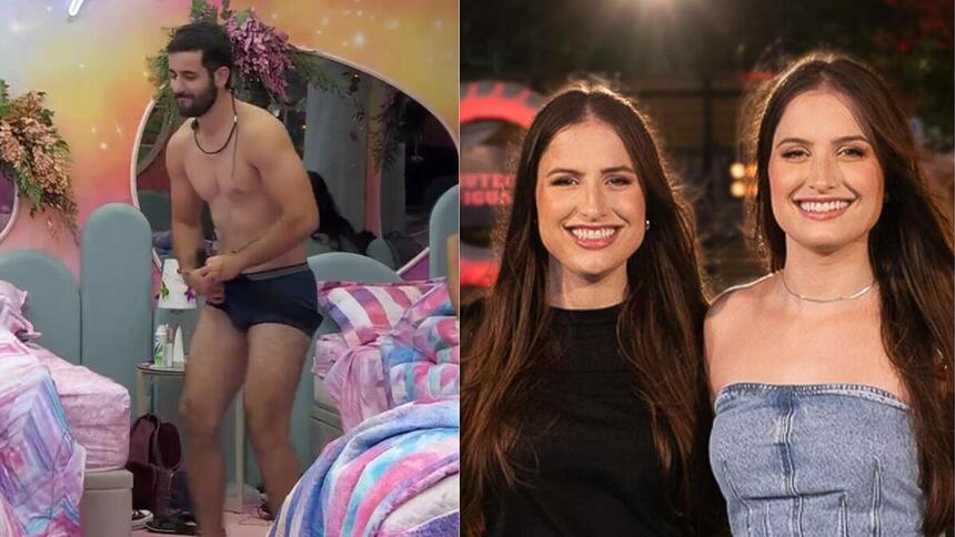 Matteus, dançando de cueca no BBB 24, e a dupla Julia e Rafaela em uma montagem