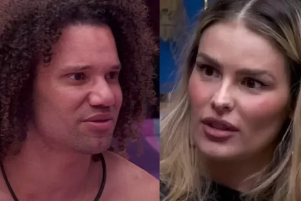 Yasmin Brunet assustada, olhando para Maycon, sentada na sala do BBB 24