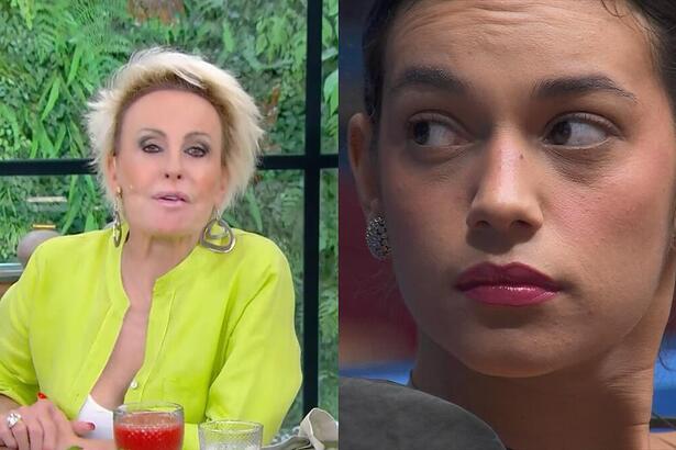 Ana Maria Braga apresentando o Mais Você de blusa verde e Alane na sala do BBB 24 com olhar sério