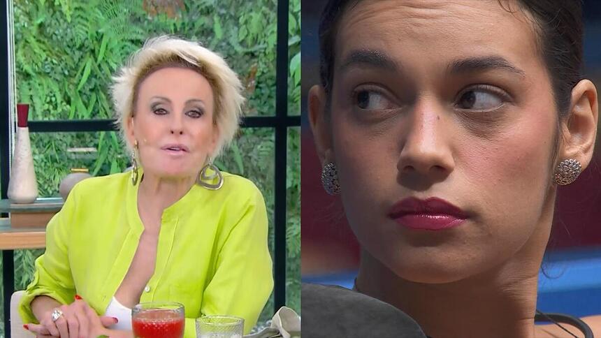 Ana Maria Braga apresentando o Mais Você de blusa verde e Alane na sala do BBB 24 com olhar sério