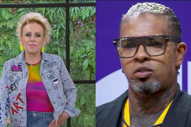 Ana Maria Braga de jaqueta jeans apresentando o Mais Você e Rodriguinho no jogo do Sincerão do BBB 24