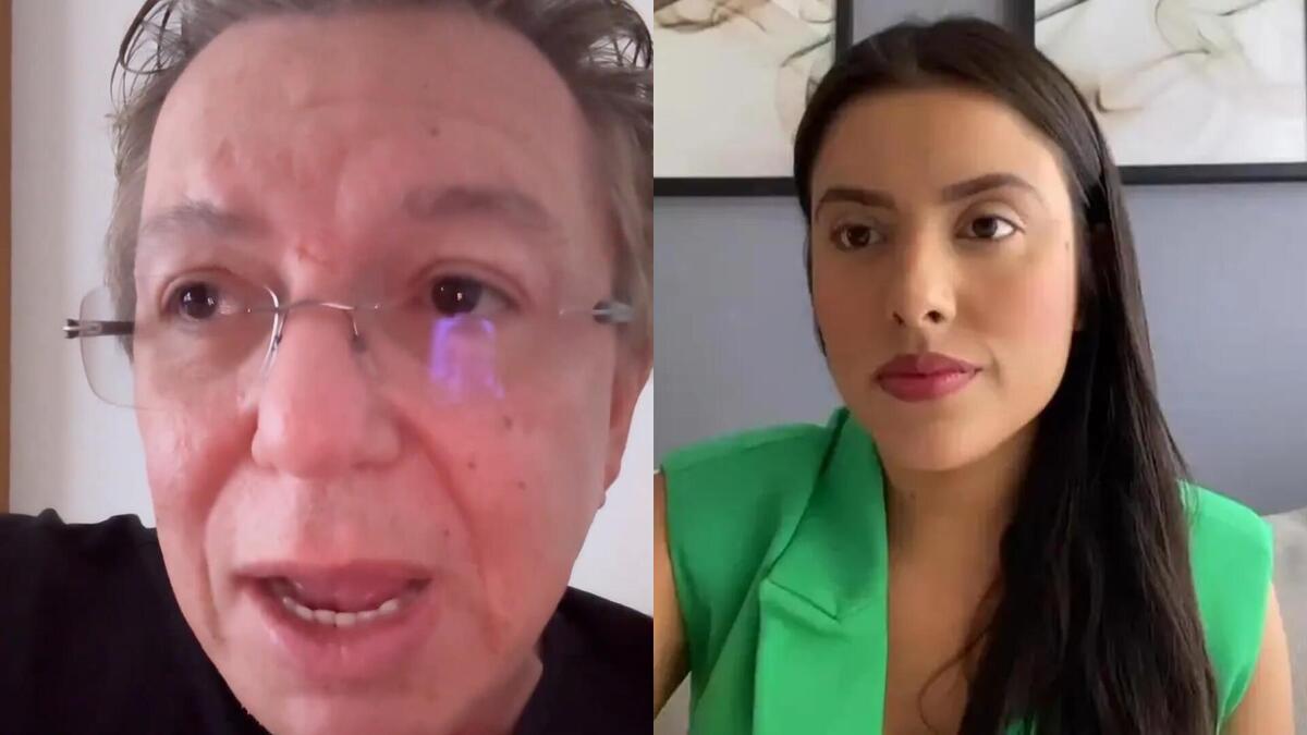 Montagem de Boninho com a boca aberta e Rebeca Mota, suposta desistente de blusa verde olhando para a tela do celular
