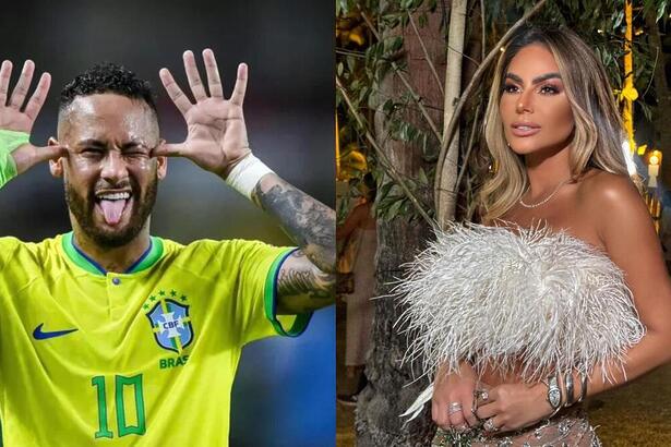 Montagem de Neymar fazendo careta ao lado da modelo Jamile