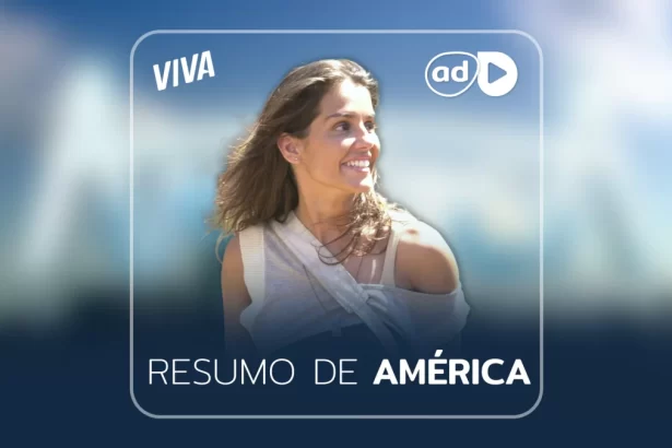 Sol (Deborah Secco) sorrindo na arte de divulgação do resumo da novela América