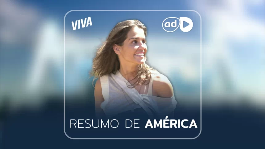 Sol (Deborah Secco) sorrindo na arte de divulgação do resumo da novela América