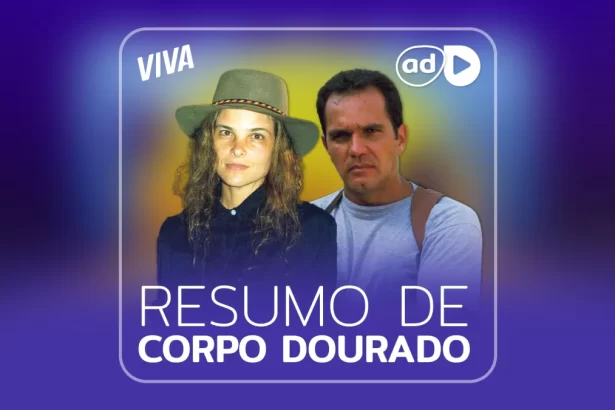 Arte de divulgação do resumo semanal da novela Corpo Dourado, exibida no canal Viva