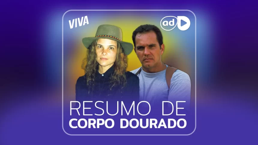 Arte de divulgação do resumo semanal da novela Corpo Dourado, exibida no canal Viva