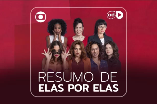 Lara, Taís, Helena, Adriana, Renée, Natália e Carol na arte de divulgação do resumo de Elas por Elas. Apenas Lara, Taís e Helena não estão sorrindo