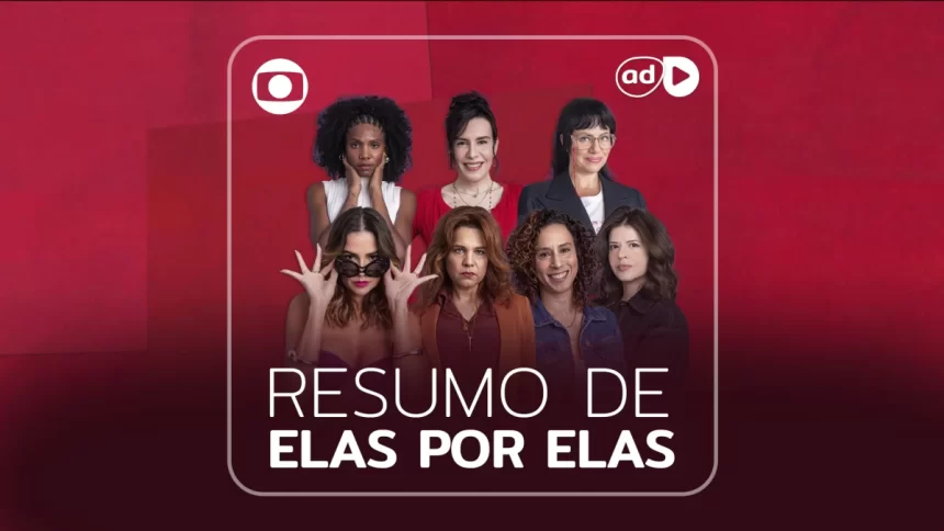 Lara, Taís, Helena, Adriana, Renée, Natália e Carol na arte de divulgação do resumo de Elas por Elas. Apenas Lara, Taís e Helena não estão sorrindo