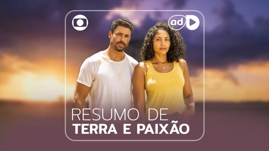 Cauã Reymond e Barbara Reis na arte de divulgação do resumo semanal da novela Terra e Paixão, da TV Globo