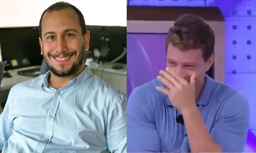 Rodrigo Assis sorrindo, de camisa social, sentado; Cartolano com a mão na boca, sorrindo, durante apresentação do Fofocalizando, do SBT