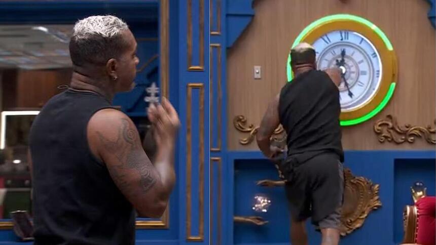 Rodriguinho ameaçando e olhando o botão de desistência no BBB 24