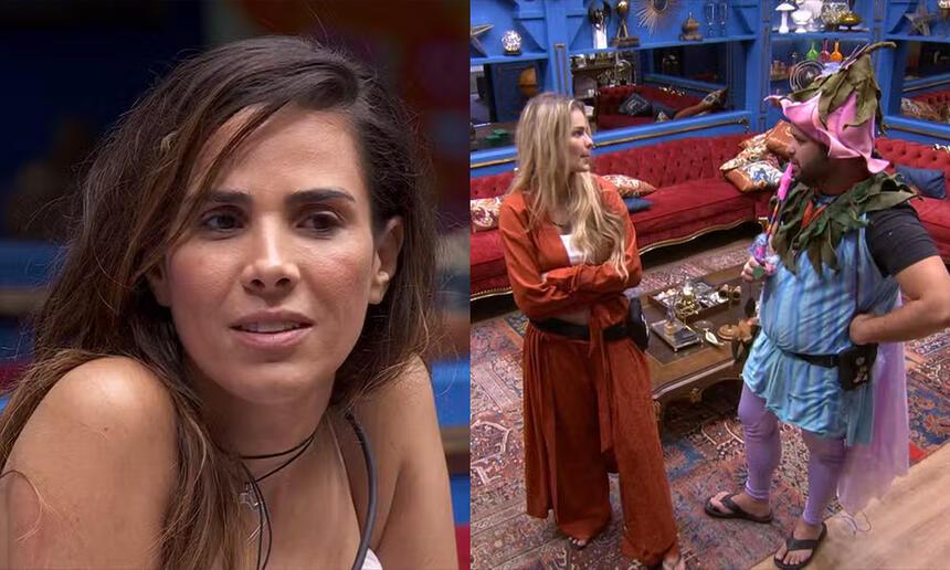 Wanessa Camargo de cabelo solto, liso, com cara de poucas amizades, sentada no sofá da sala do BBB 24; Yasmin Brunet ao lado de Michel, em pé, em frente ao telão