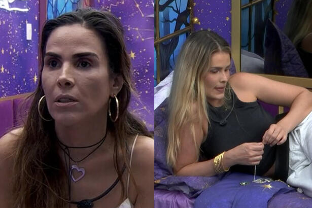 Wanessa Camargo de camisa regata no Quarto Fadas; Yasmin Brunet de regata preta e calça branca deitada no Quarto do BBB 24