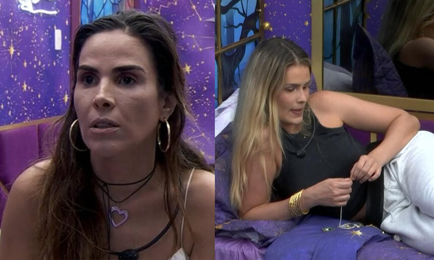 Wanessa Camargo de camisa regata no Quarto Fadas; Yasmin Brunet de regata preta e calça branca deitada no Quarto do BBB 24