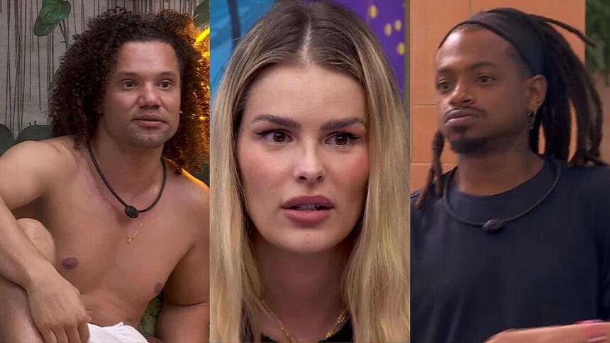 Yasmin, Maycon e Lucas Luigi em uma montagem no BBB 24